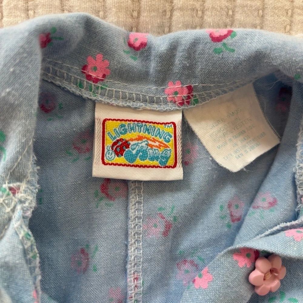Vintage 80's Lightning Bug Baby Blue Dainty Floral Ruffle Girls Romper 6-9 month